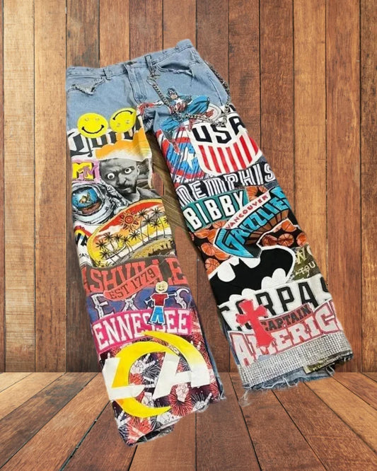 Hip-hop style high-waisted washed cartoon jeans oversized wide-legged pants men rock & women