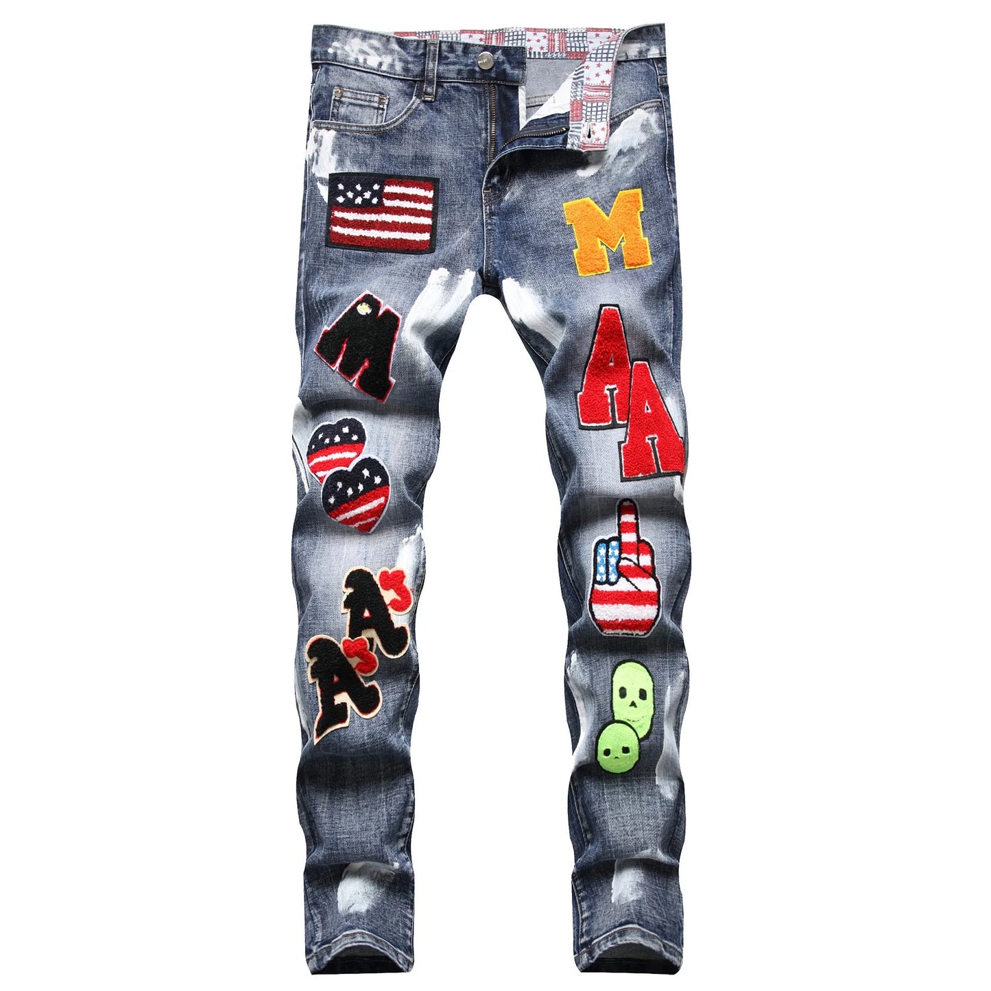 European and American process washed personalized embroidered with badges elastic jeans