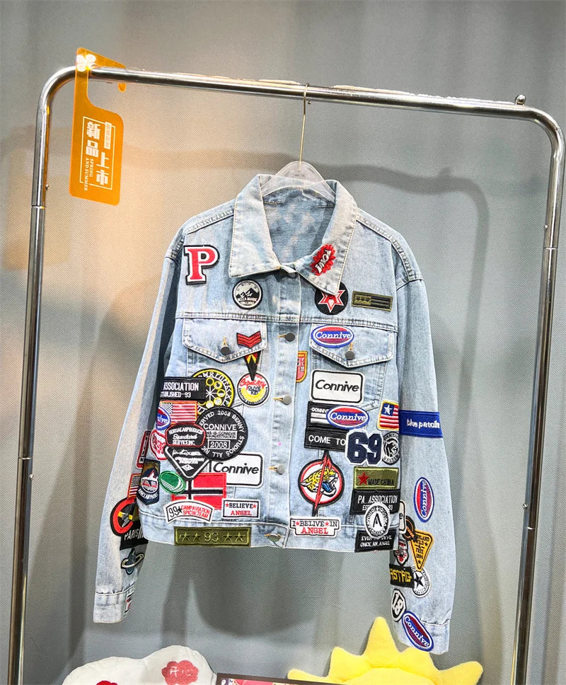 Men's Embroidered Denim Jacket Trendy Slim Fit w Badge Jeans Coat