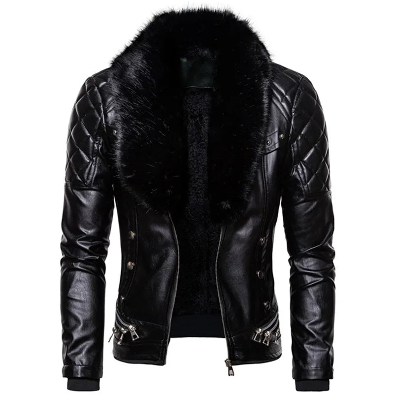 Motorcycle Leather Jacket Men Turn Down Fur Collar Slim Fit Warm PU Bomber Jackets Coats Mens Bikers