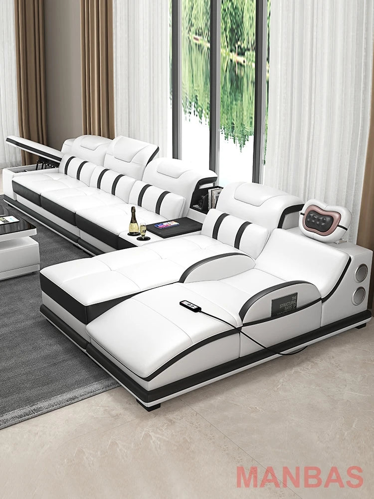 Italian Genuine Leather Sectional Sofa with Bluetooth, Speaker, Functional Headrest, Massage Chaise L Shape Corner