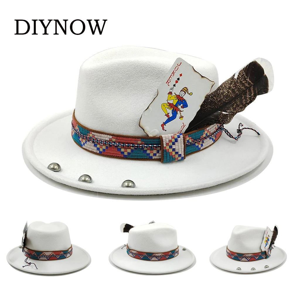 Feather Fedoras Hat for Men Women Black Felt Wide Brim Jazz Cap Plum Blossom 8 Playing Card