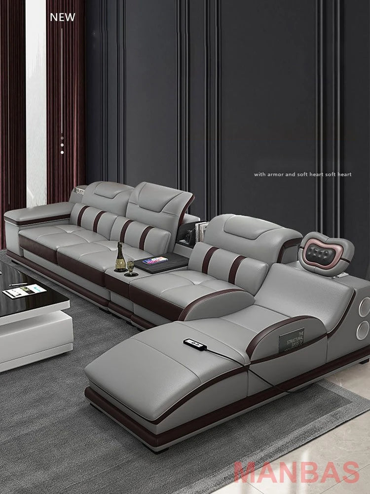 Italian Genuine Leather Sectional Sofa with Bluetooth, Speaker, Functional Headrest, Massage Chaise L Shape Corner