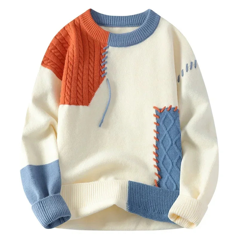 Men Patchwork Sweater O Neck Pullovers Spliced Long Sleeve  Wool Casual