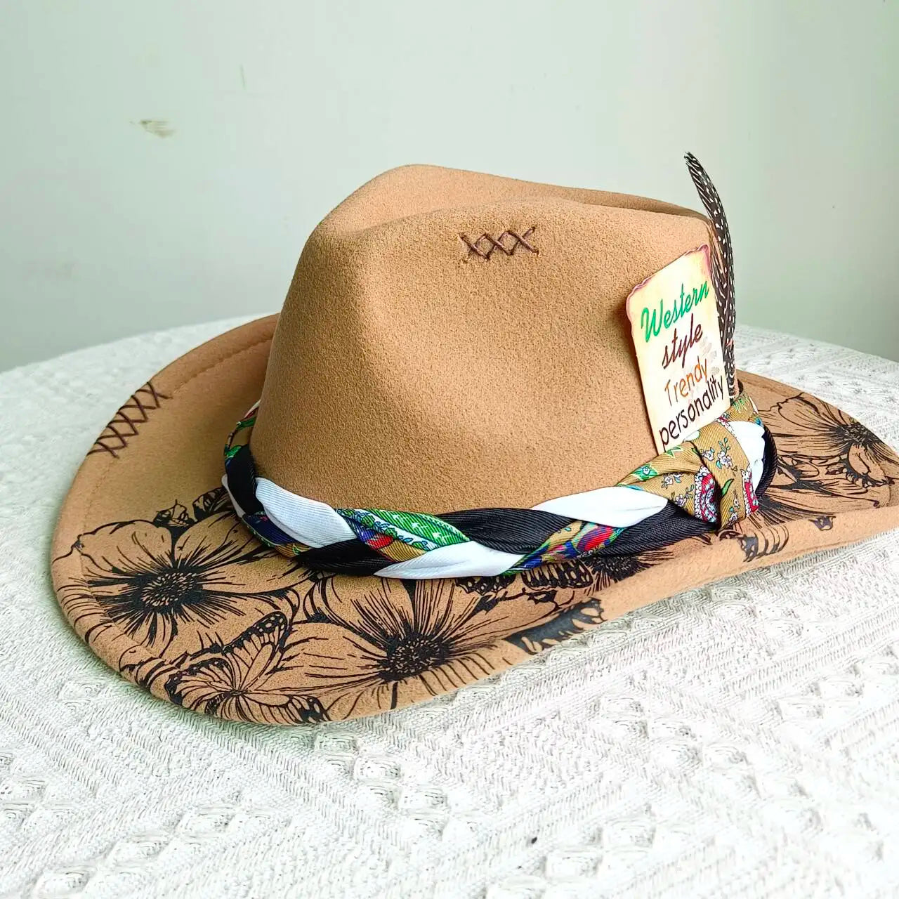 inted Fedora Western Cowboy Hat for Men and Women FloralPainted Jazz Hat Wide Brim Cowboy  Feather Accessories