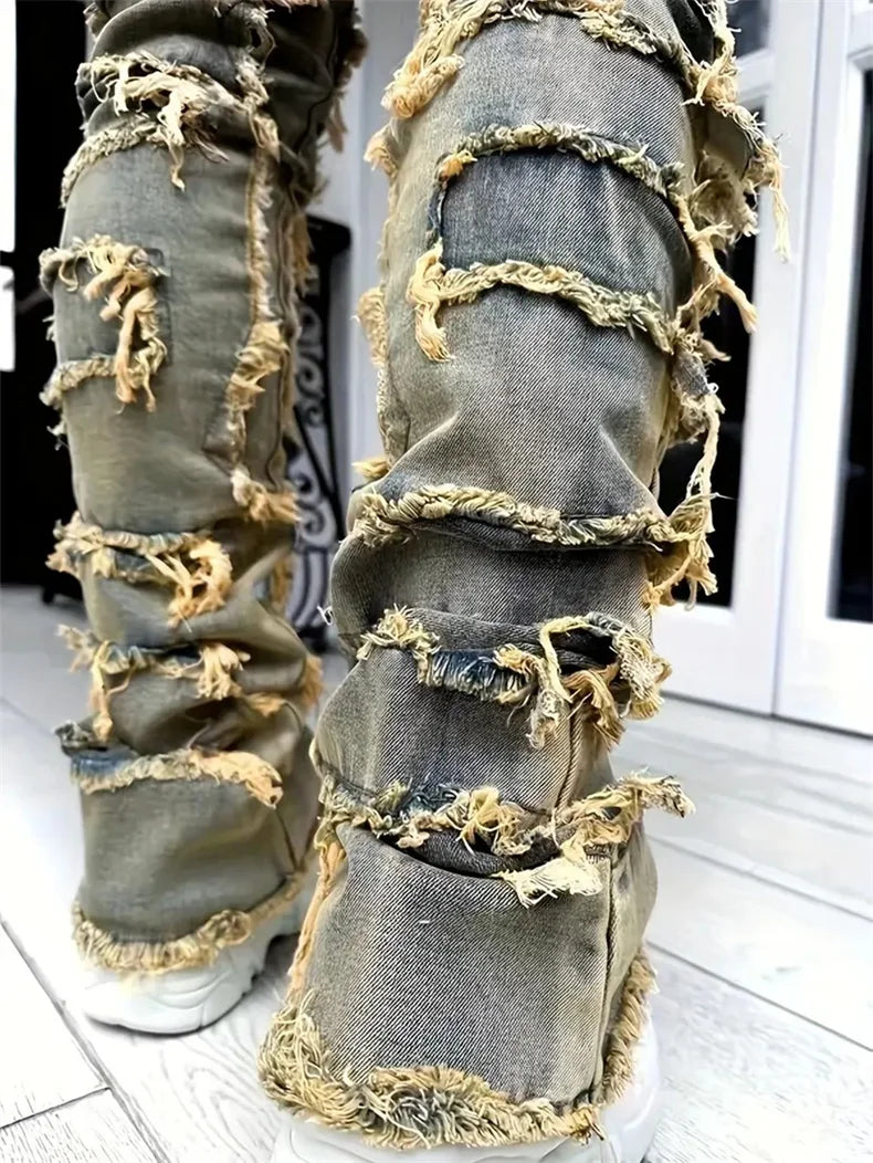 Distressed Men's Jeans Tassels Patchwork Design Vintage Washed Stretch Denim Pants Straight Fashion Streetwear Trousers