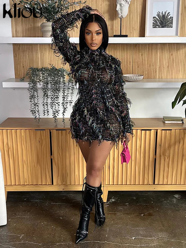 kliou Ruched Patchwork Mini Dress Women Striped Stacked Autumn Full Sleeve Crew Neck Holes Chic Bodycon Female Trend Streetwear