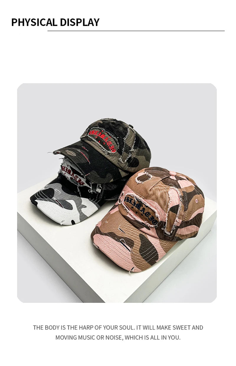 Unisex Broken Style Sanskrit Embroidery Baseball Hats Versatile American Sunshade Camouflage Peaked Caps