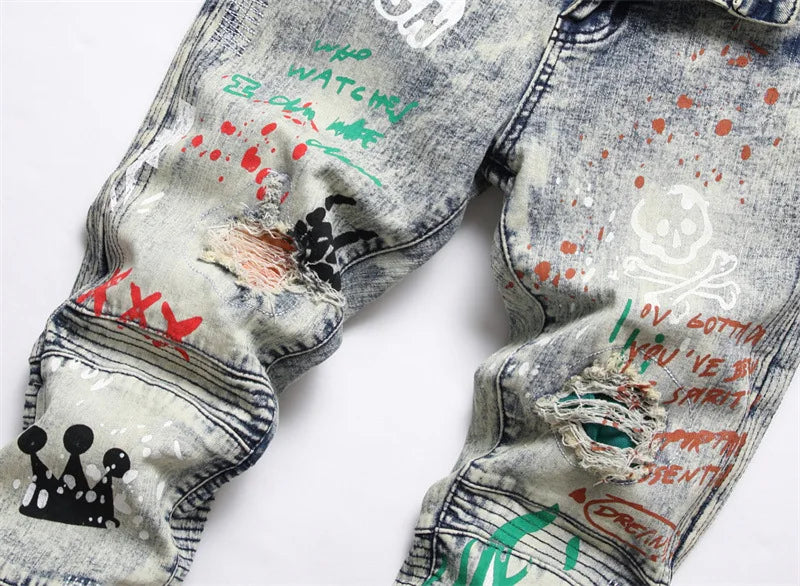 Stretch Denim Jeans Streetwear Patchwork Holes Ripped Distressed