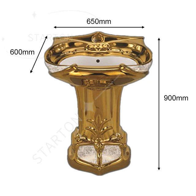Royal Luxury Style Bathroom Ceramic Water Closet Floor Mounted Gold Color Wash Basin Pedestal Sink Two Piece Toilet Commode Set