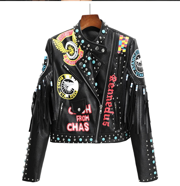 2026 new European style tassel rivet print trendy leather jacket motorcycle version street fashion