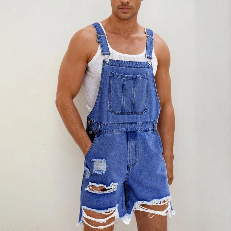 Men Jumpsuit Denim Shorts Summer Vintage Streetwear