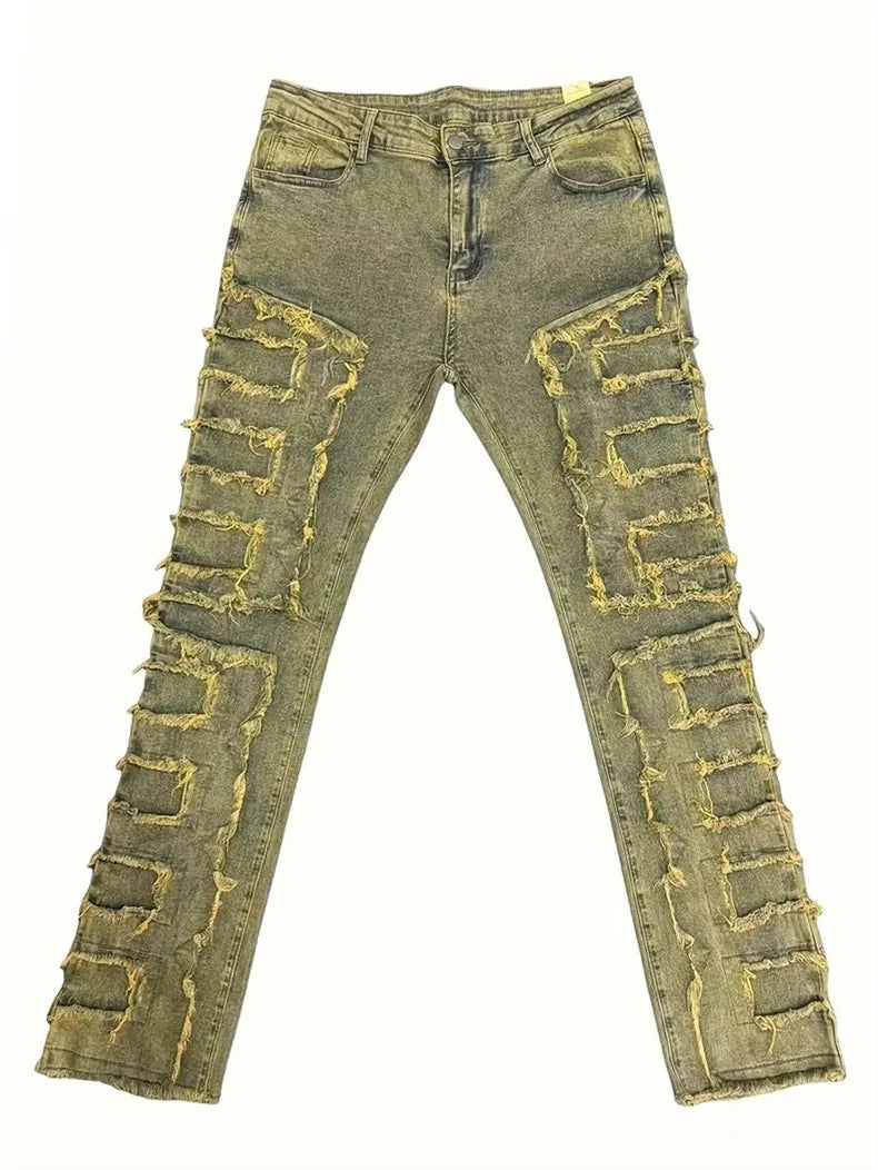 Distressed Men's Jeans Tassels Patchwork Design Vintage Washed Stretch Denim Pants Straight Fashion Streetwear Trousers