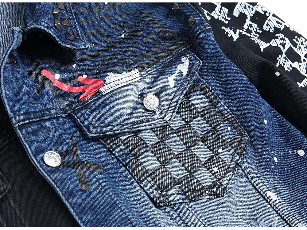 Denim Jacket Holes Ripped Plaid Patches Patchwork Jean Coat Painted Blue Black Spliced Outerwear