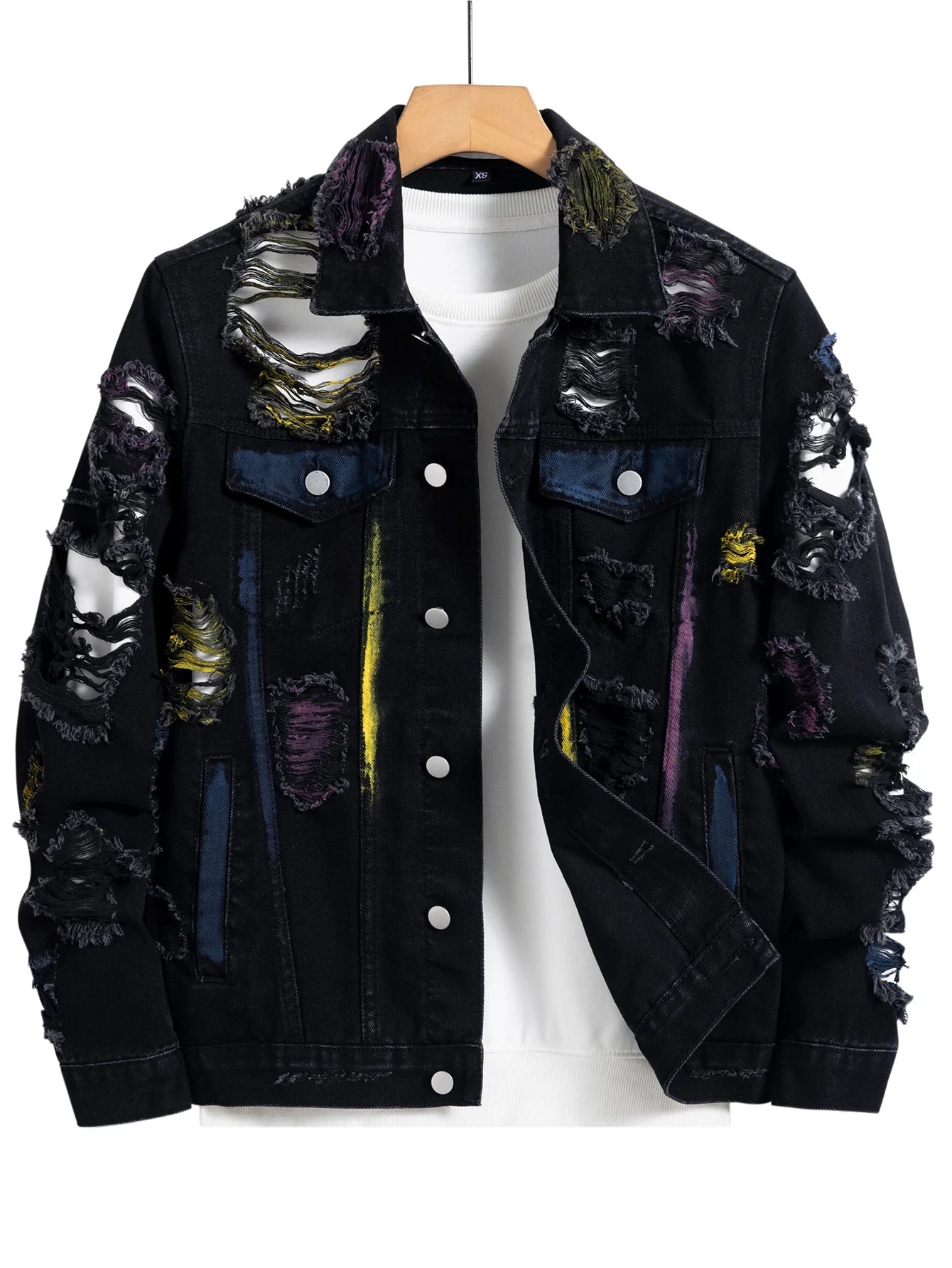 Men's black ripped denim jacket w/ Random paint splashing.