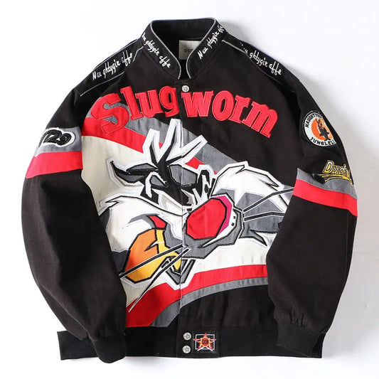 Men's High Street Embroidered Anime  Motorcycle Jacket Pure Cotton, Zipper, Stand Collar