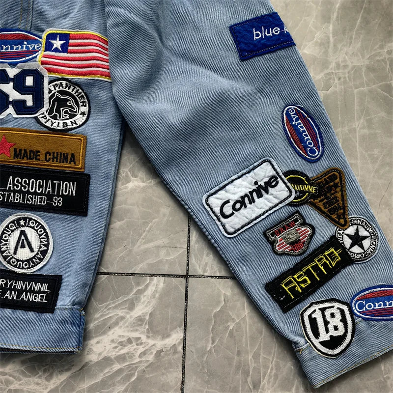 Men's Embroidered Denim Jacket Trendy Slim Fit w Badge Jeans Coat