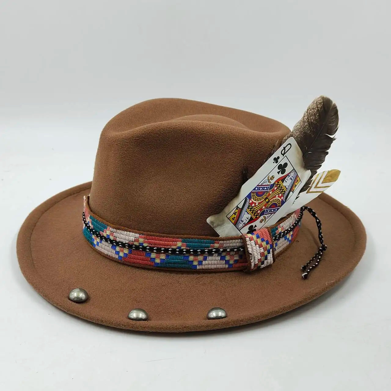 Feather Fedoras Hat for Men Women Black Felt Wide Brim Jazz Cap Plum Blossom 8 Playing Card