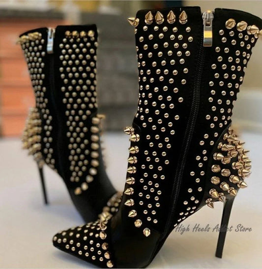 Black Studded Luxury Ankle Boots Women Sexy Full Stud High Heels Leather Sexy Booties Designer Dress Shoes