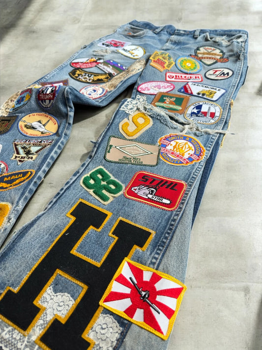 American Vintage Y2K Multi Patch Jeans Mens Womens Blue Distressed Bell Bottom Patch Embroidered Logo Pattern Baggy Trousers