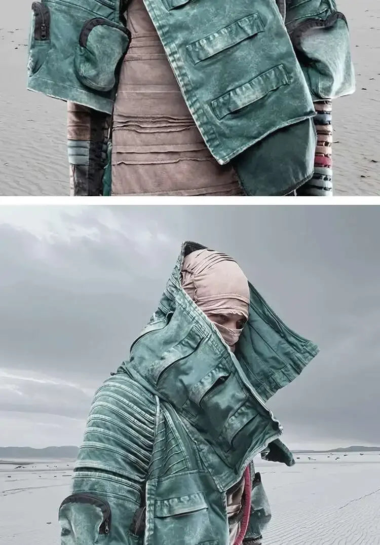 Men and Waste Soil Style  Asymmetric Deconstruction Pleated Jacket Futuristic Washed Short Coat Male