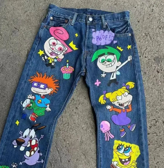 American cartoon pattern printed high street retro women's high waist fashionable straight loose jeans casual wide-leg jeans