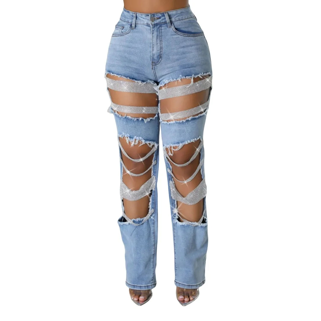 Women's Ripped Denim Pants Pearl Rhinestones Chain Distressed Slim Fit Skinny Jeans Night Club Jeans