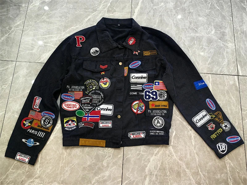 Men's Embroidered Denim Jacket Trendy Slim Fit w Badge Jeans Coat