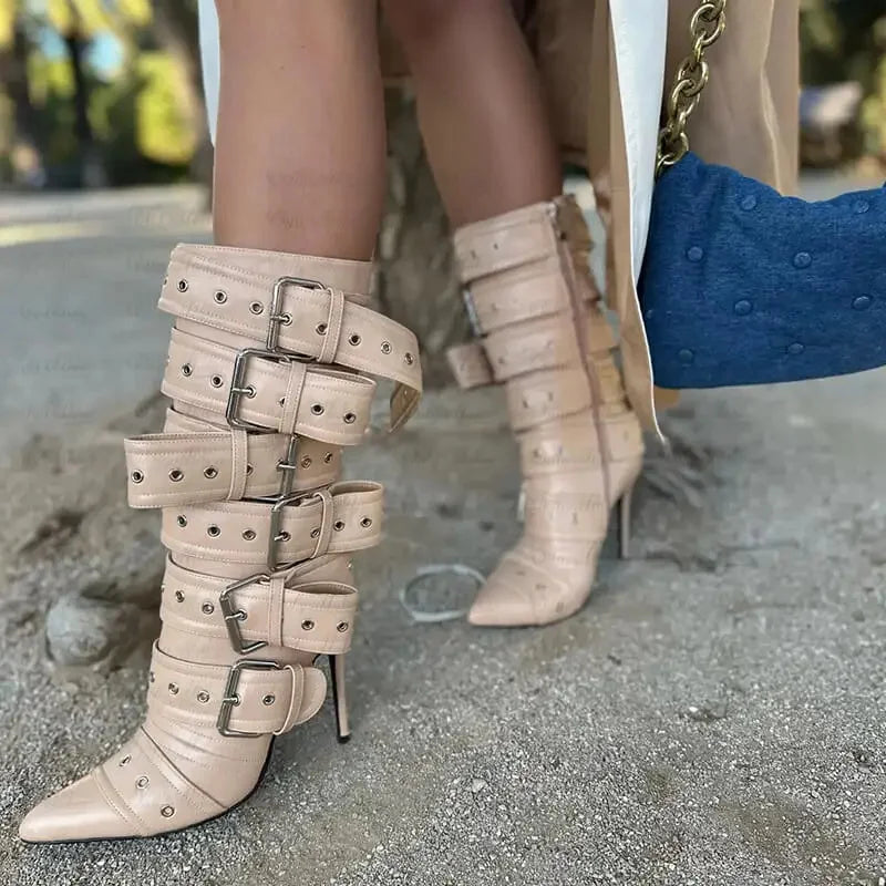 Onlymaker Women Pointed Toe Buckle Strap Mid-Calf Boots  Thin High Heel Lady Zipper Stiletto