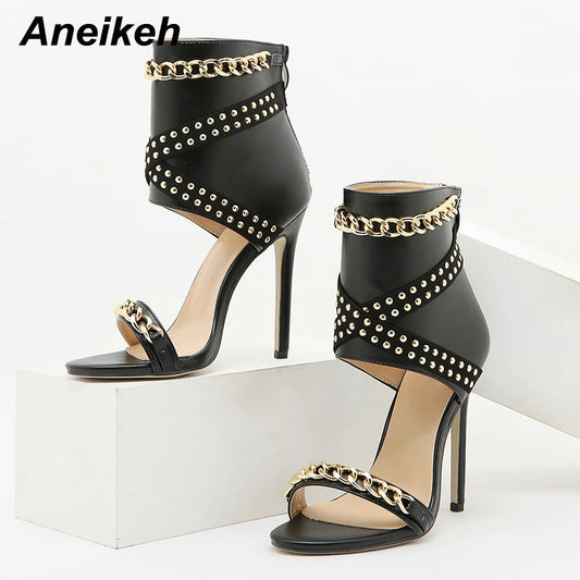 Aneikeh Sexy Rivet Metal Chain Sandals Peep Toe Thin Heel Pumps Gladiator Sandalias Zipper Women High Shoes