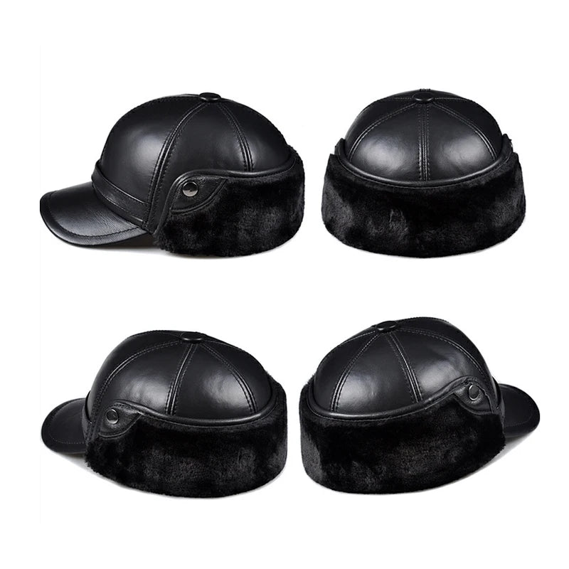 High Quality Genuine Leather Hats Winter First Layer Cowhide Warm Earmuffs Bomber Caps Plus Velvet Thicken Man Bone Caps Dad Hat