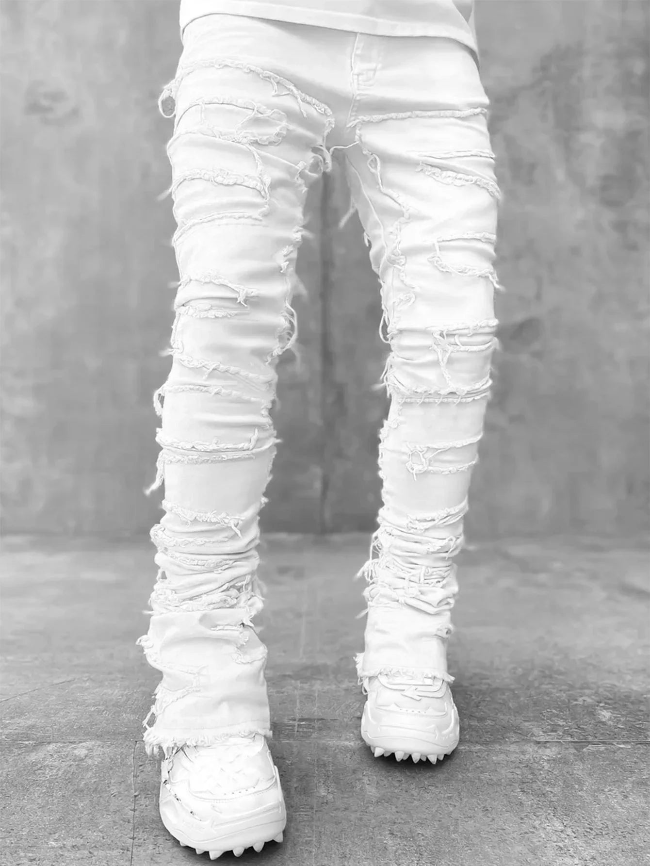 Men Ripped Stacked Jeans Distressed Slim Fit Skinny Straight Leg Jeans Fashion Hip Hop Denim Pants Casual Streetwear