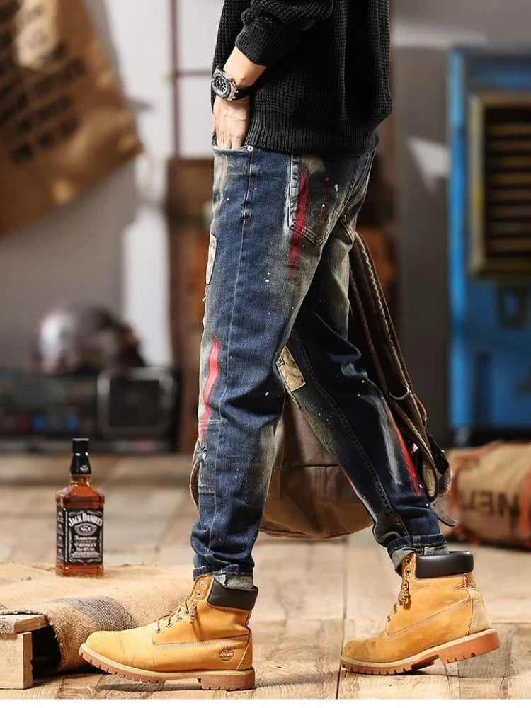 Tapered Jeans for Men Tight Pipe Washed Luxury Wide Leg Stacked Slim Fit Trousers Stylish Casual Kpop Xs Skinny Man Cowboy Pants