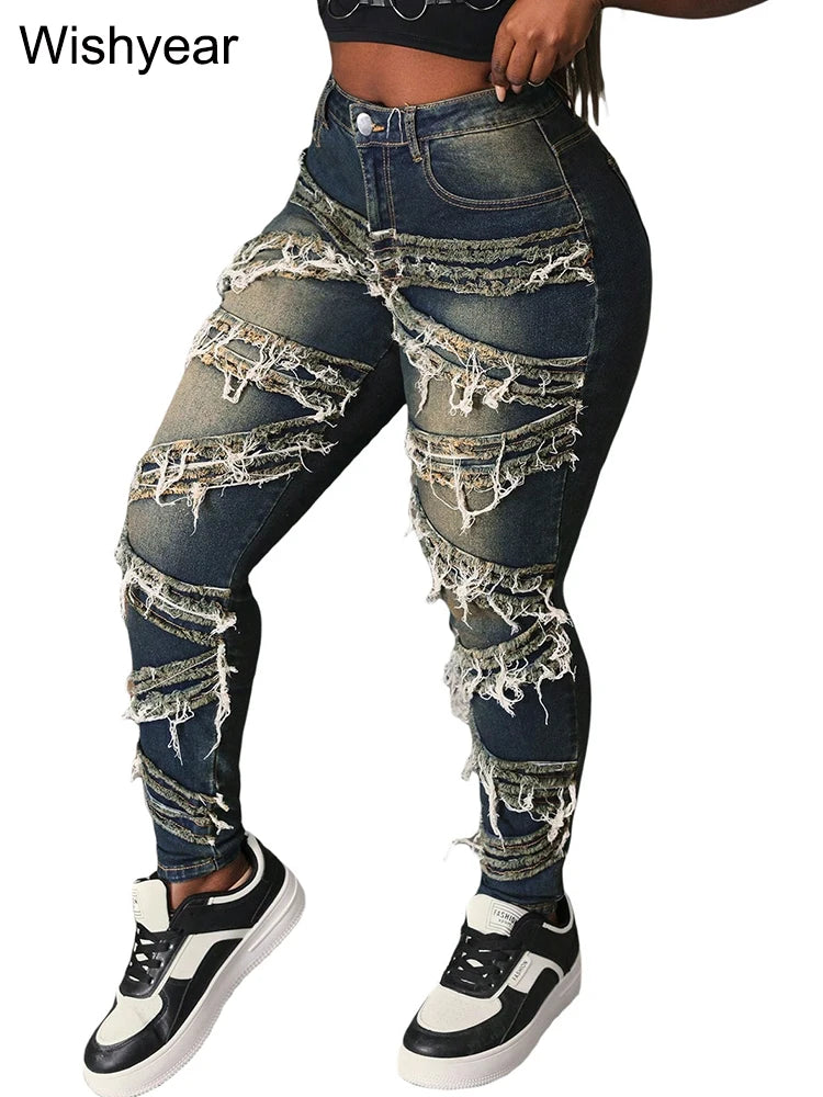 Vintage Pencil Pants Ripped Women Jeans Distressed Stretch Denim Trouser Wash Dark Blue Skinny Pockets Punk Style