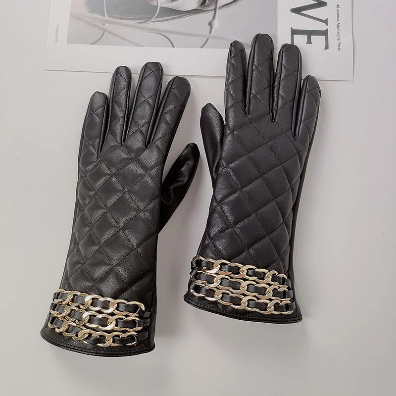 Women Black Chain Thickened Plush PU Leather Gloves