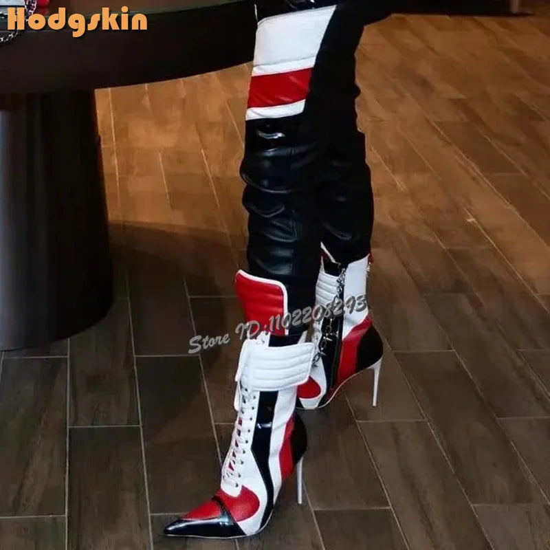 Patchwork Sports Ankle Boots Pointed Cross-tied High Heels Short Boots 2025 Autumn New Women Fashion Stiletto Motorcycle Shoes