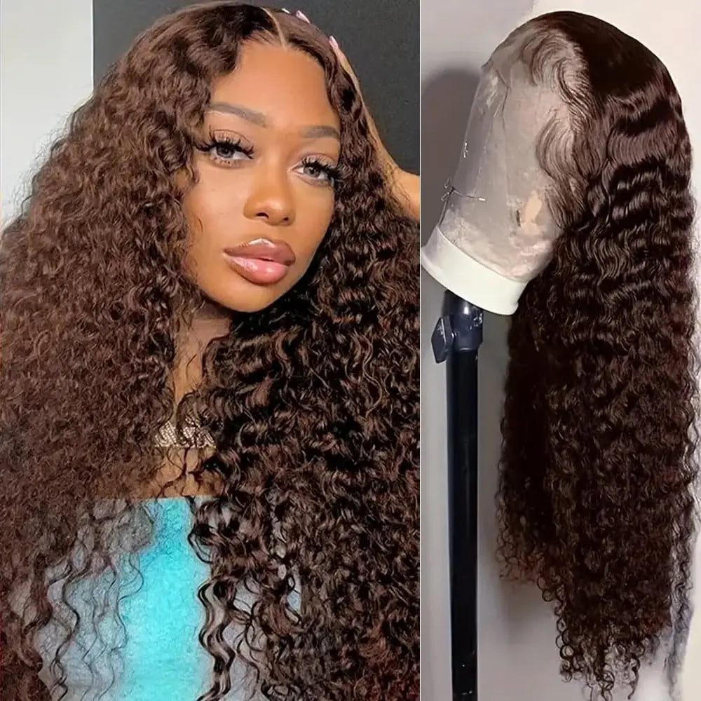Heyju 250% Chocolate Brown Deep Wave Human Hair Wig Transparent Lace Frontal Wigs For Women 13x6 Lace Front Water Curly Wigs