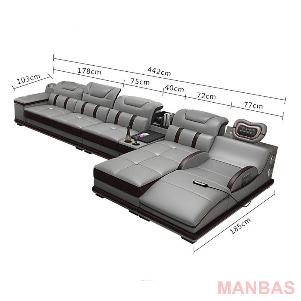 Italian Genuine Leather Sectional Sofa with Bluetooth, Speaker, Functional Headrest, Massage Chaise L Shape Corner
