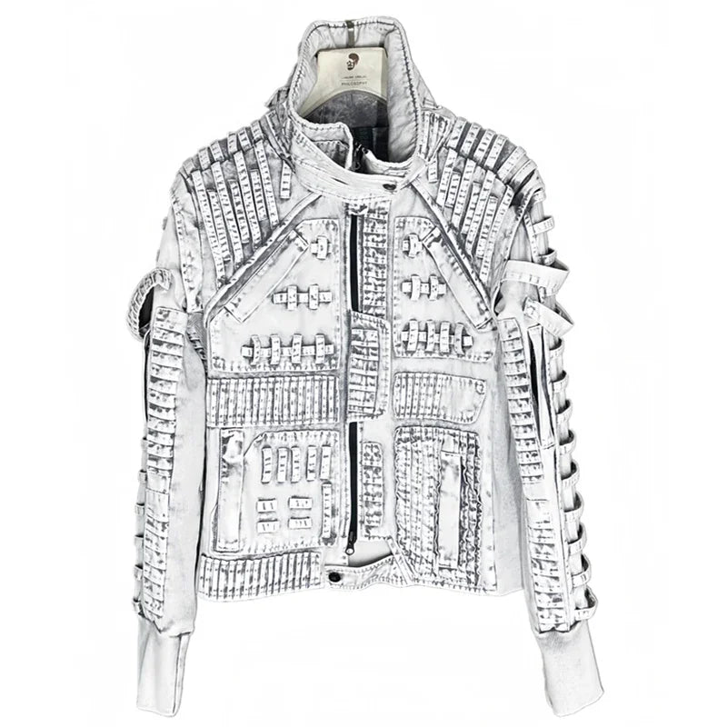 Waste Soil Sand Dune Style Men's Asymmetry Slim Fit Motorcycle Jacket Washed Distressed Fold Deconstruction Coat Male