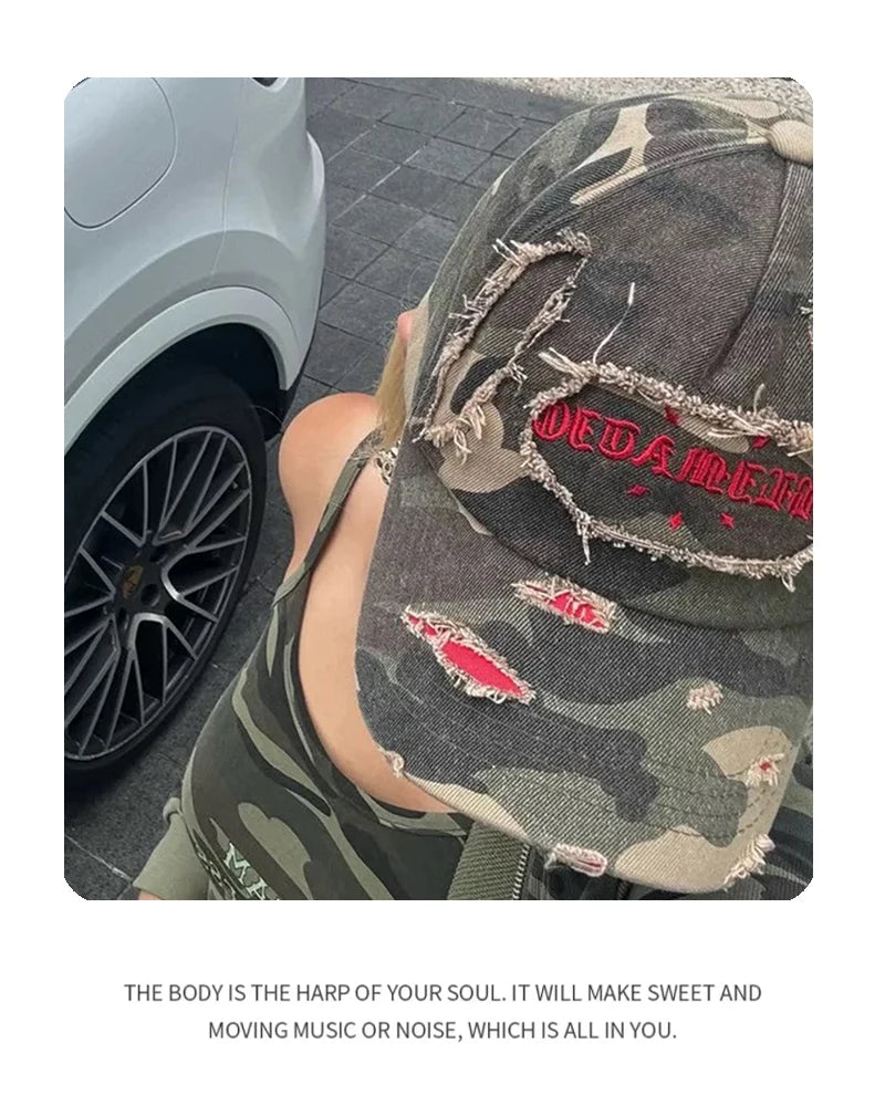 Unisex Broken Style Sanskrit Embroidery Baseball Hats Versatile American Sunshade Camouflage Peaked Caps