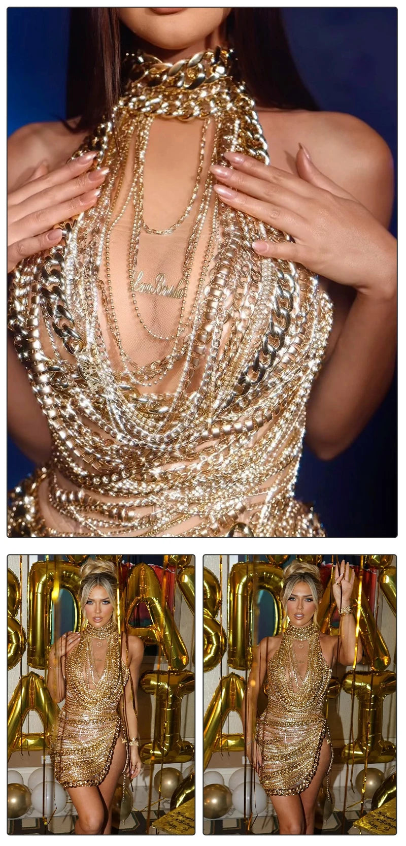 Glamorous Gold Metal Chain - Embellished Halter Mini Dress Side Splitt Club Nights luxury Dresses Vestidos