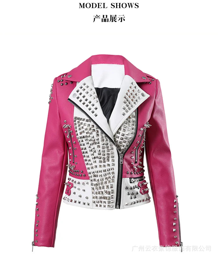 Punk Studded Motorcycle Leather Jacket Women 2026 Trend Streetwear Contrast Color Stitched Faux Leather Embroidered Jackets