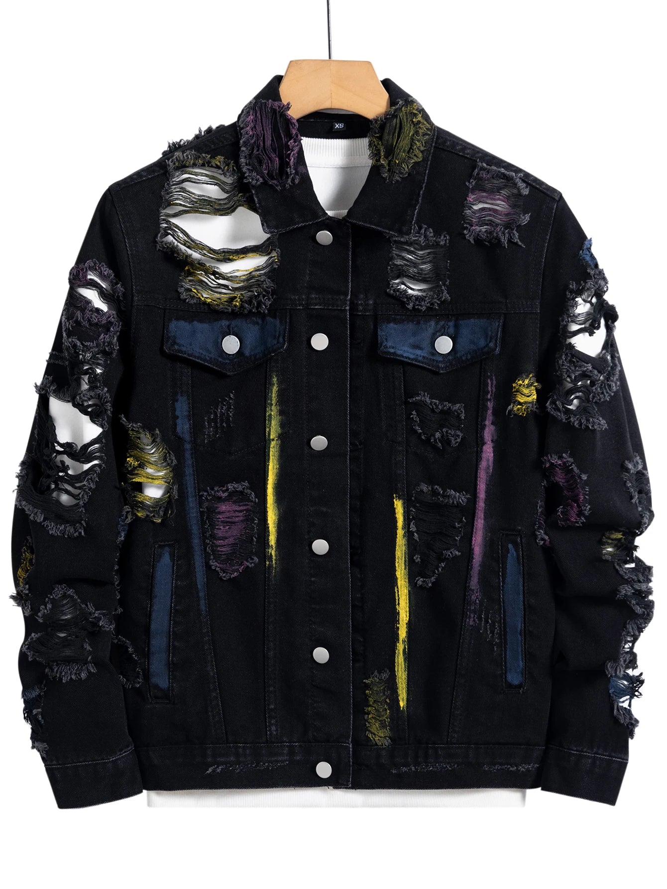 Men's black ripped denim jacket w/ Random paint splashing.