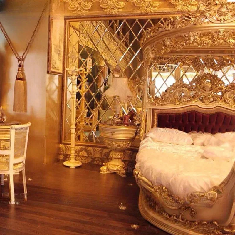 European-Style Wood Carved Double Bed Luxury Boat Style French Fabric Princess Villa Bedroom Furniture Bedroom Set Muebles
