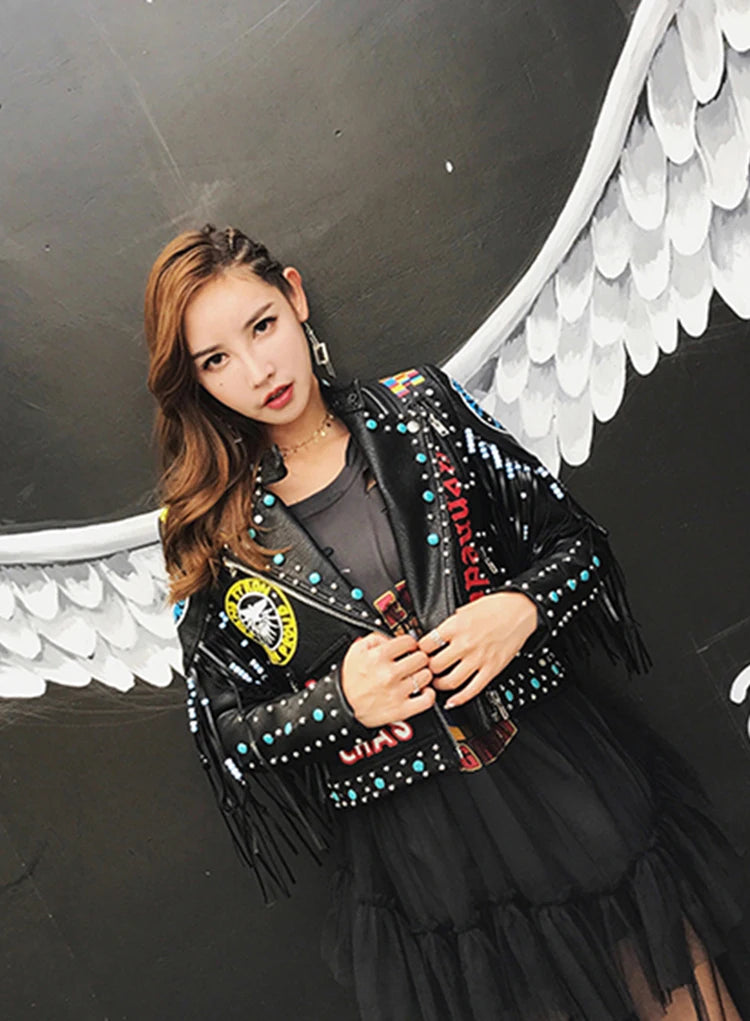 2026 new European style tassel rivet print trendy leather jacket motorcycle version street fashion