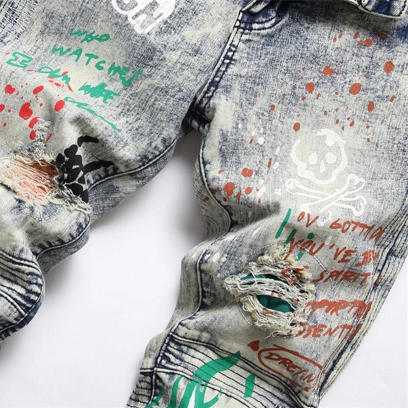 Stretch Denim Jeans Streetwear Patchwork Holes Ripped Distressed