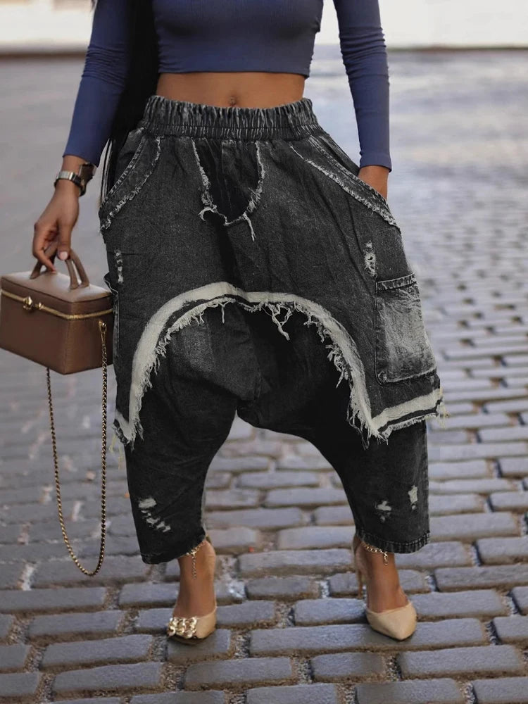 Street Wear Baggy Bag Wide Leg Denim Pants Elastic Waist Distressed Runway Harem Jeans