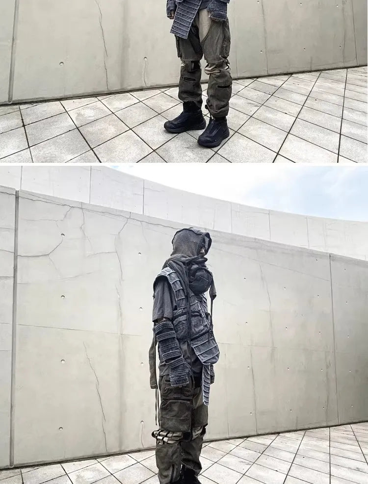 Pioneer Waste Soil Sand Dune Heavy Industry washed Asymmetric stereoscopic Bag Layered High Collar Vest coat