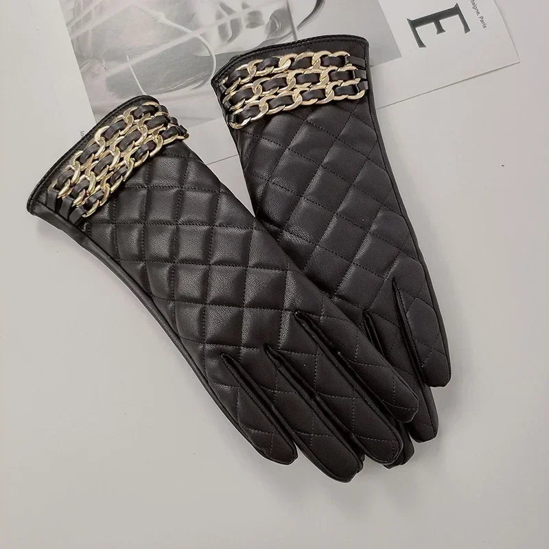 Women Black Chain Thickened Plush PU Leather Gloves
