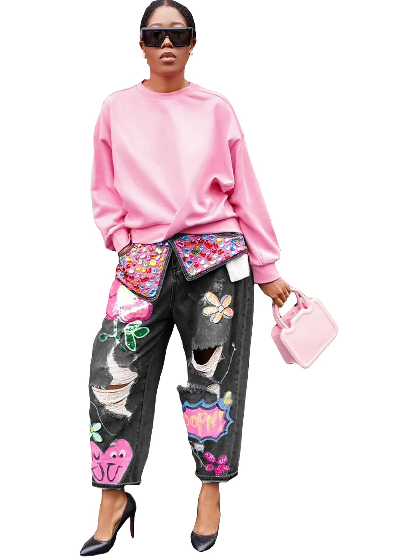 Hole Fashion Diamond Splicing Loose Jeans Women Denim Trousers Casual Female Streetwear